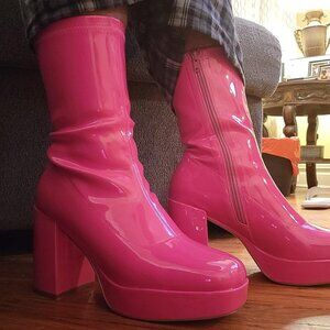 🆕Dream Pair Women Hot Pink-pat Faux Leather Mid Calf Block Heel Ankle Boot